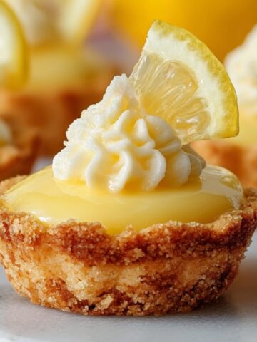 Lemon Curd Cookie Cups topped with whipped cream and a slice of fresh lemon on a marble surface.