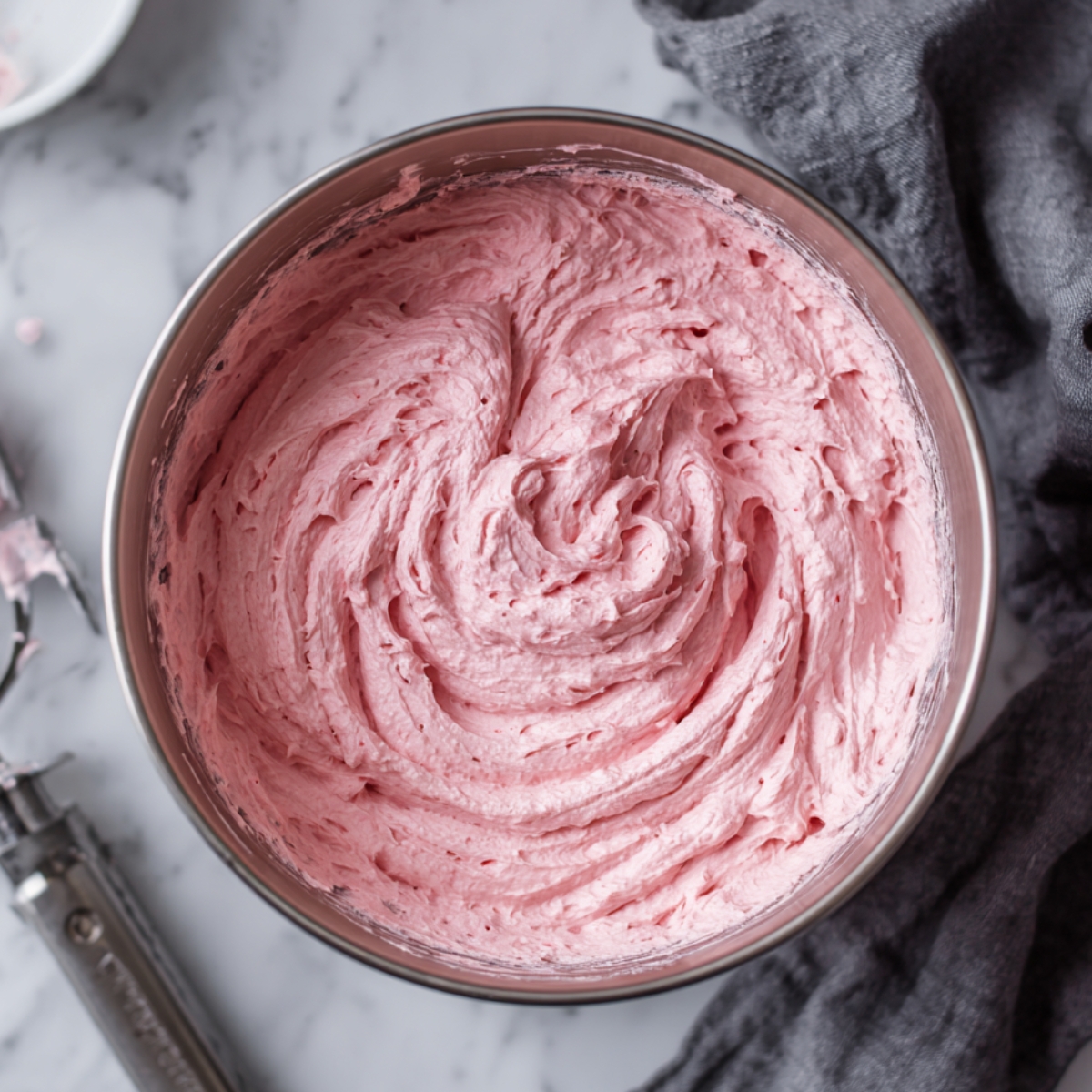 Light pink raspberry buttercream frosting in a stainless steel bowl on a marble counter, fluffy and freshly whipped with a homemade look.
