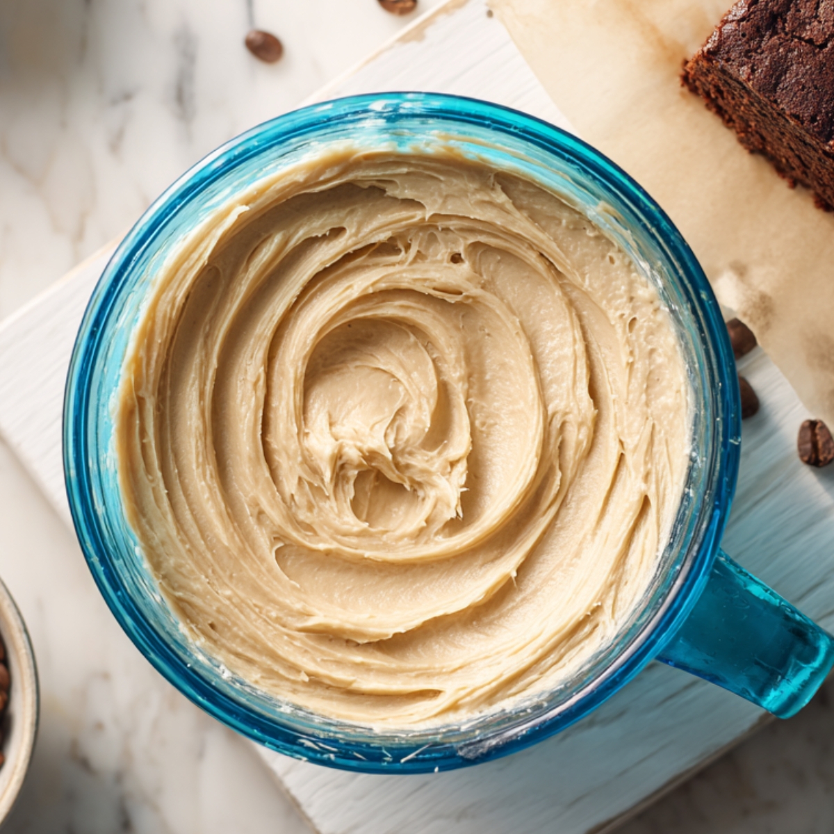 Blue glass bowl filled with creamy coffee buttercream frosting, swirled smoothly on a white board beside a brownie piece and scattered coffee beans.