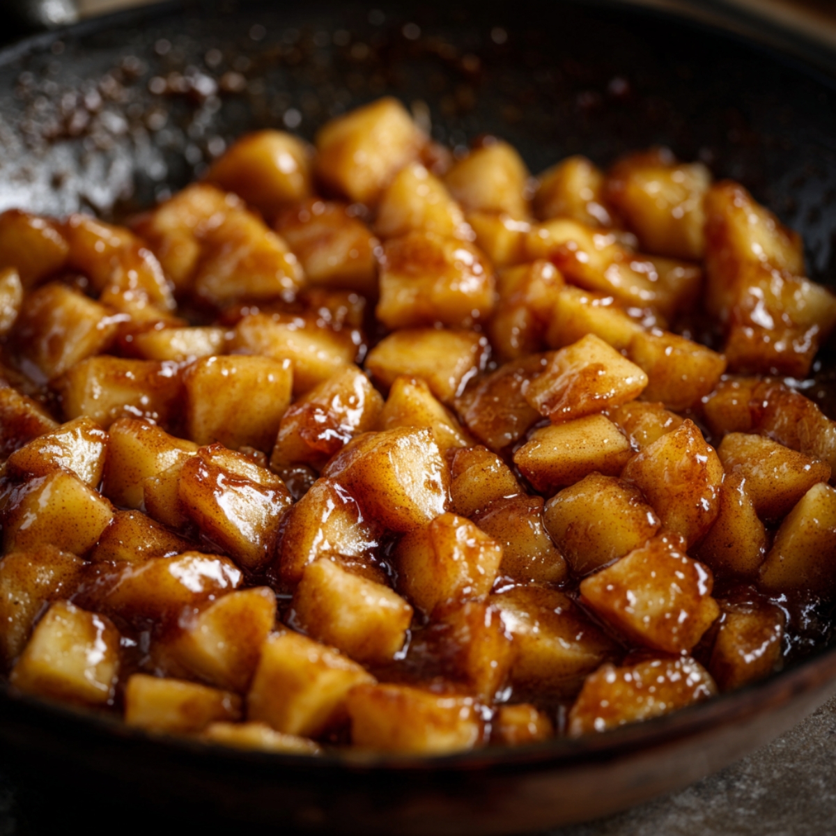 A close-up of homemade caramelized apple filling simmering in a pan, with diced apples coated in glossy brown sugar and cinnamon sauce.
