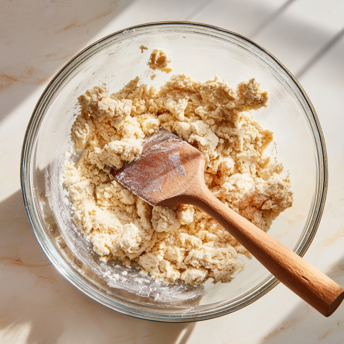 Crumbly cobbler dough in a glass bowl with a wooden spatula, sitting on a sunlit kitchen counter.