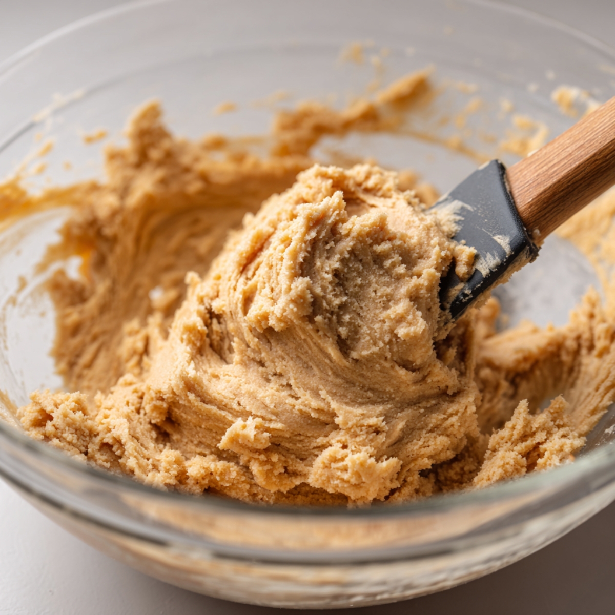 A glass mixing bowl filled with homemade cookie dough being mixed with a rubber spatula, showing a soft, creamy texture and golden brown color.