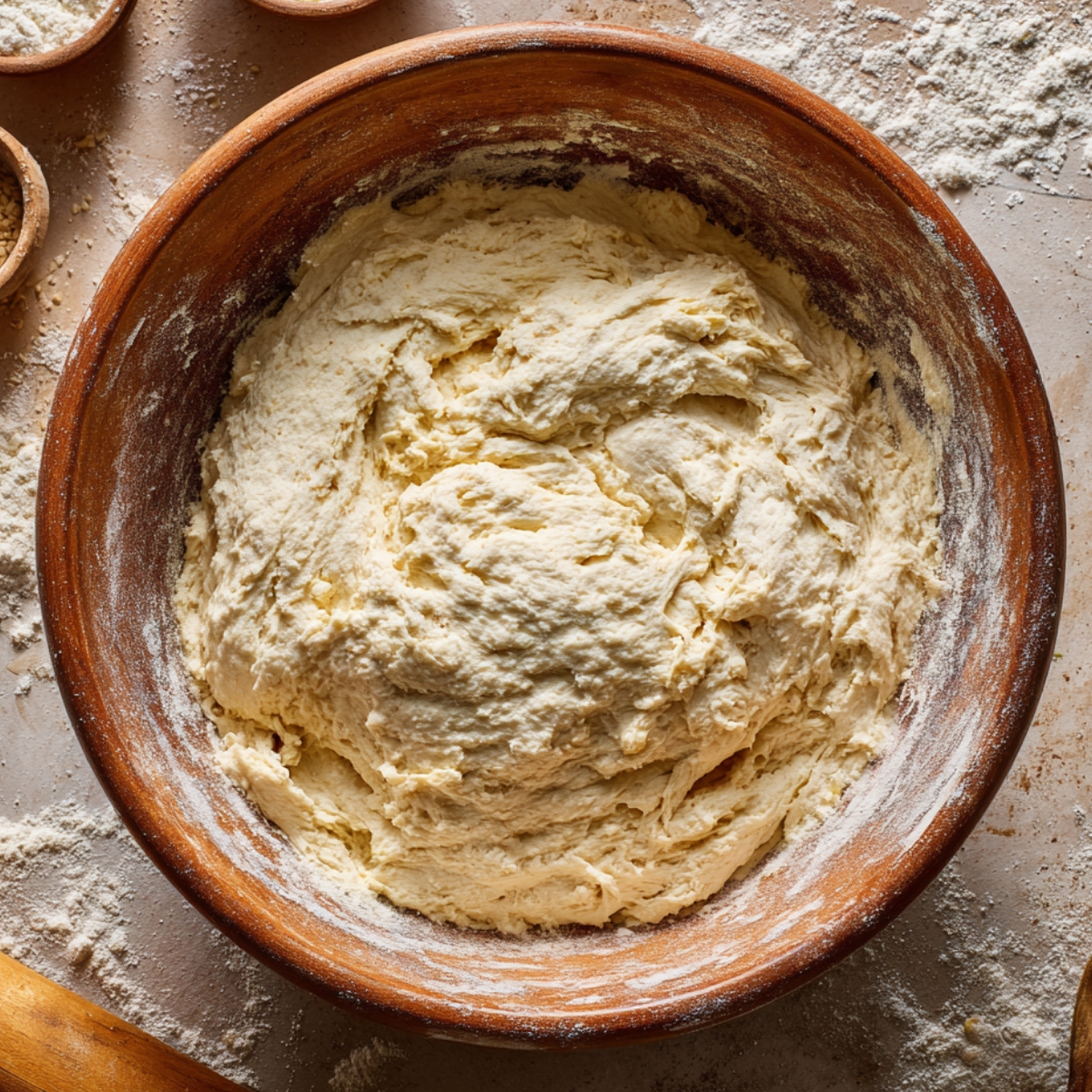 A rustic wooden bowl filled with freshly mixed croissant dough, soft and slightly sticky, surrounded by scattered flour and small bowls of ingredients on a floured countertop, creating a cozy homemade baking scene.