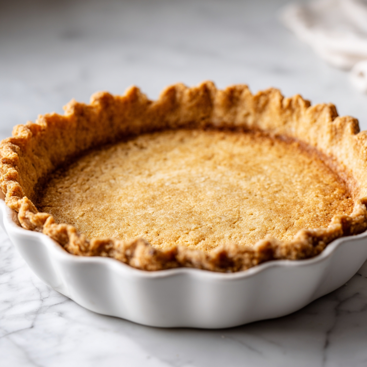 Homemade golden-brown pecan pie crust in a white ceramic pie dish on a marble countertop, with a rustic fluted edge and soft natural light.