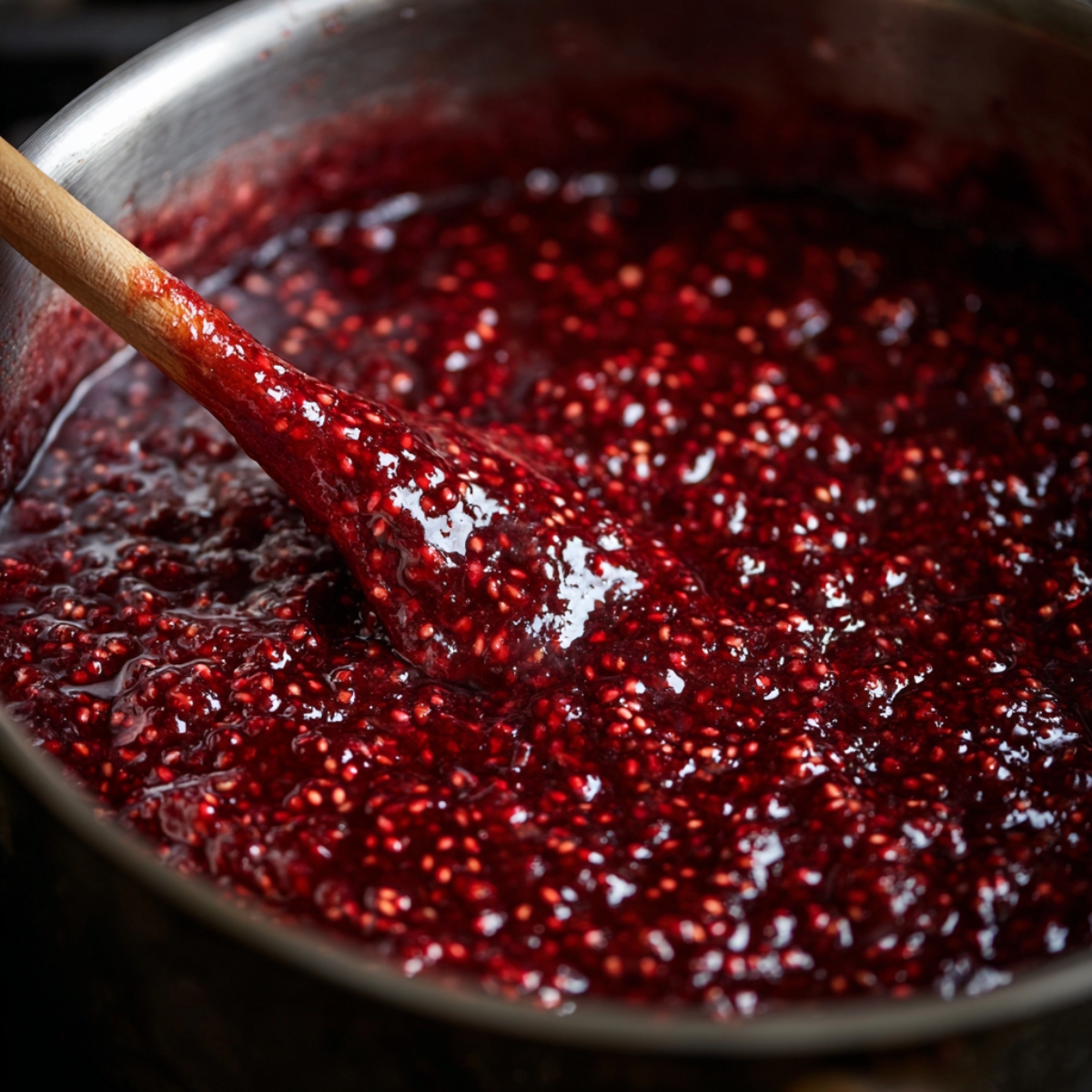 Homemade raspberry filling simmering in a saucepan, thick and glossy with visible seeds and a rich red color, being stirred with a wooden spoon.