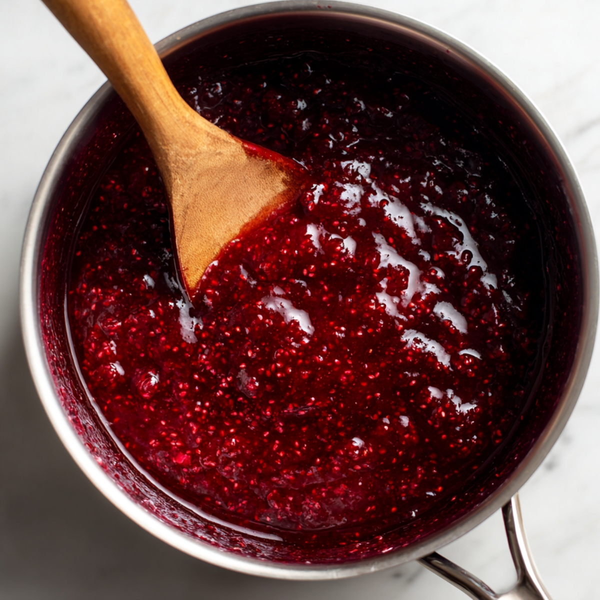Homemade raspberry sauce simmering in a stainless steel saucepan, stirred with a wooden spoon, showing its thick, glossy texture and visible raspberry seeds on a marble countertop.