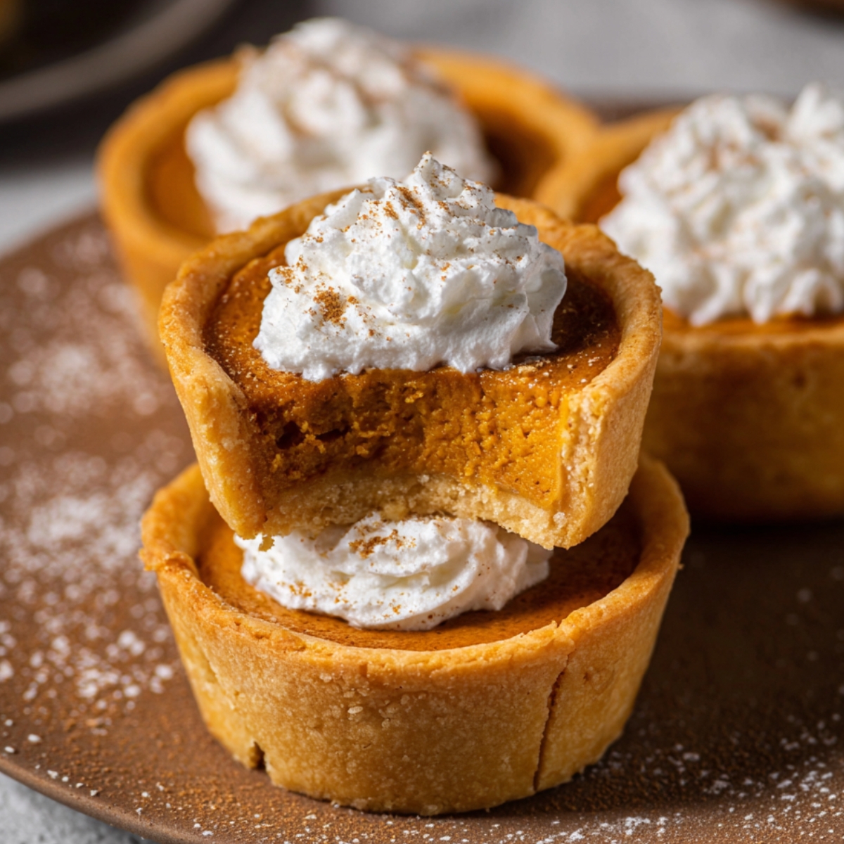 Homemade mini pumpkin pies with golden crusts, creamy filling, and whipped cream on top.