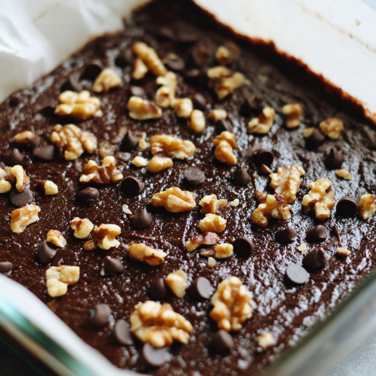 Unbaked chickpea brownie batter in a glass pan, topped with chocolate chips and chopped walnuts, ready to bake.