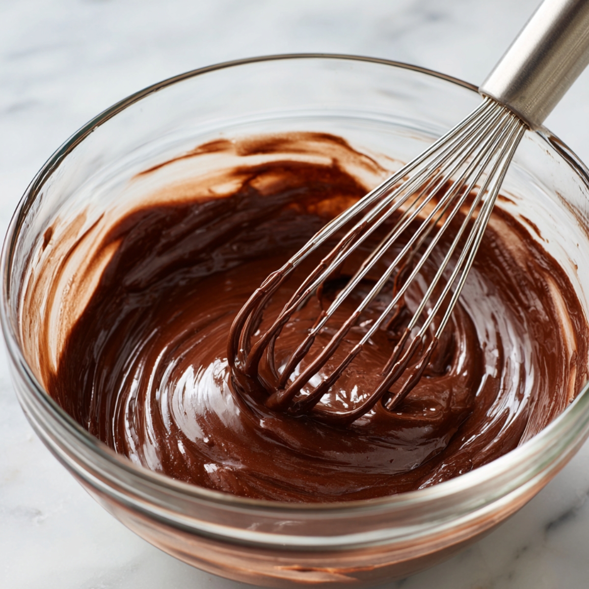 A glass bowl of smooth, glossy chocolate cupcake batter being whisked by hand on a marble countertop, rich and creamy with a homemade look.
