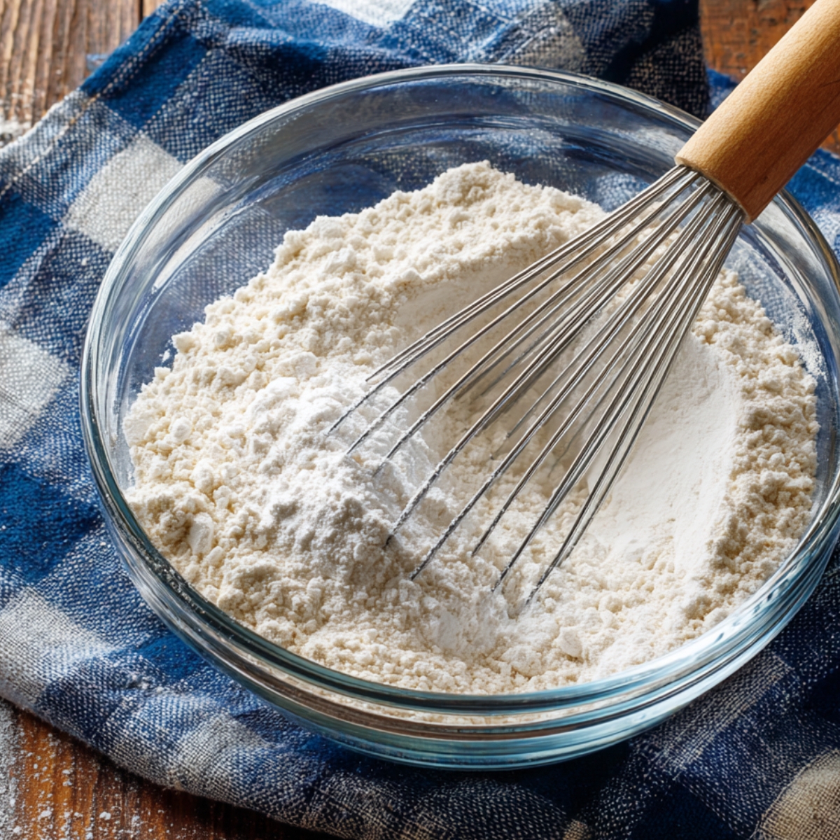 A glass bowl with dry ingredients being whisked, with flour spilling over the edge, resting on a wooden countertop with a blue and white checkered cloth underneath.