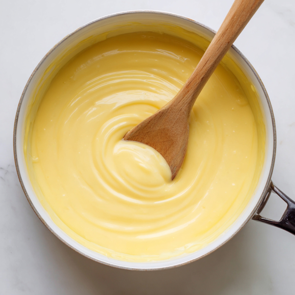 Thick, creamy yellow sugar cream pie filling in a saucepan, stirred with a wooden spoon on a marble counter, smooth and glossy with a homemade look.