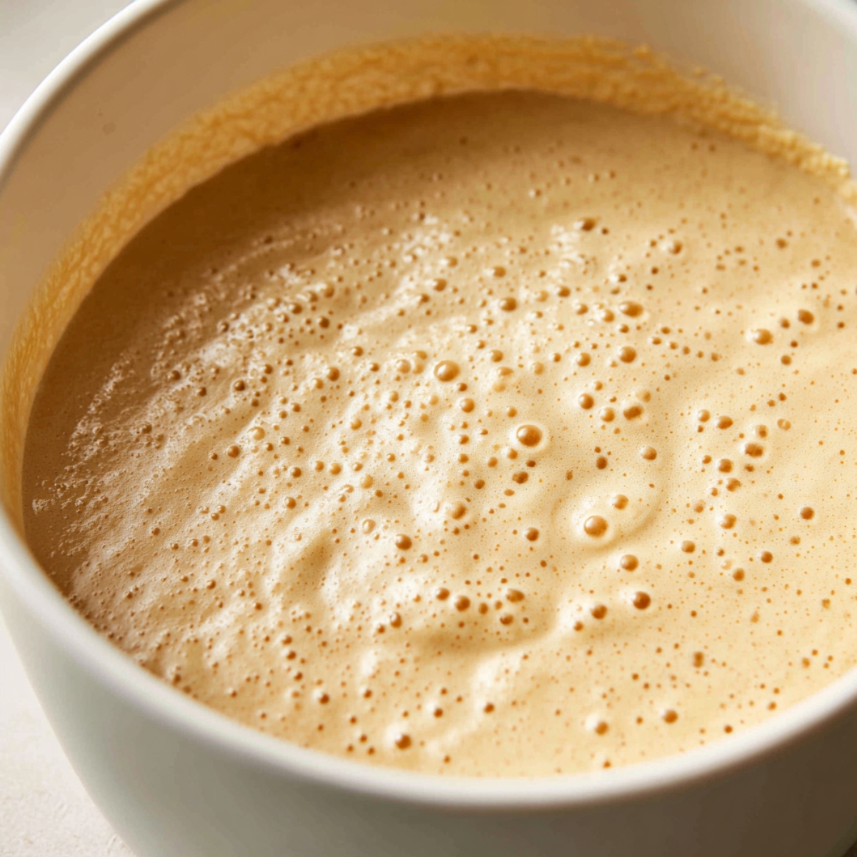 Close-up of smooth, frothy banana walnut cake batter in a white bowl under natural light, showing a creamy golden texture with tiny bubbles.