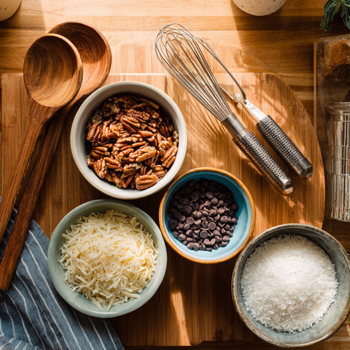 Overhead photo of chopped pecans, chocolate chips, and shredded coconut in small bowls on a wooden counter with a whisk and wooden spoons, warm natural light, cozy homemade feel.