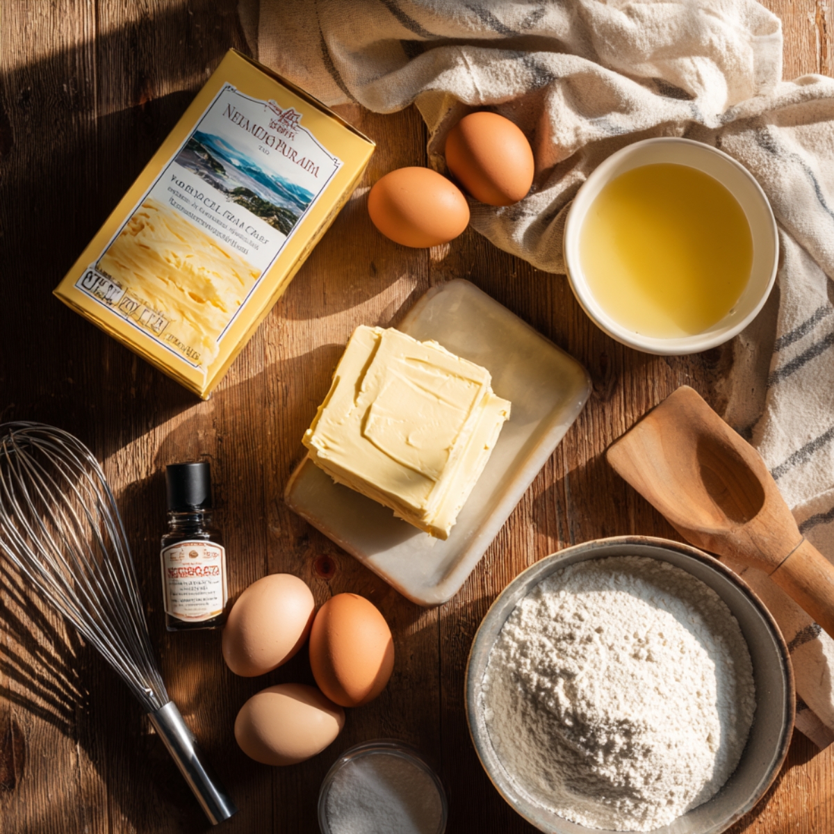 Overhead photo of Neiman Marcus Cake ingredients — butter, eggs, flour, vanilla, and melted butter on a wooden counter with whisk and towel, warm sunlight, cozy homemade look.