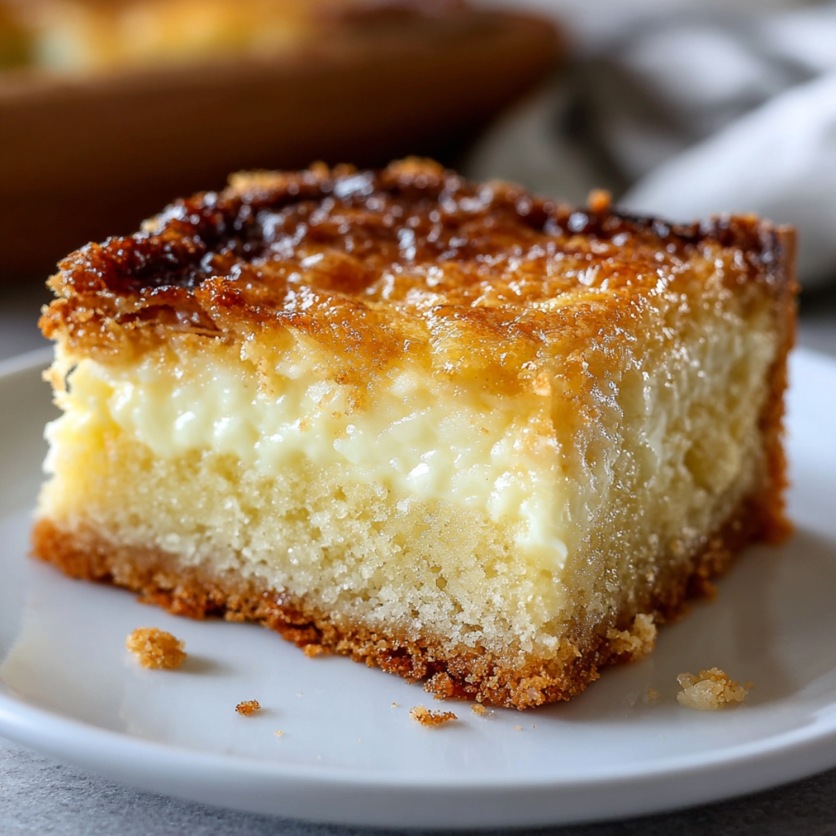 Close-up of a gooey homemade Neiman Marcus Cake slice on a white plate with a golden top, creamy center, and buttery crust in warm natural light.