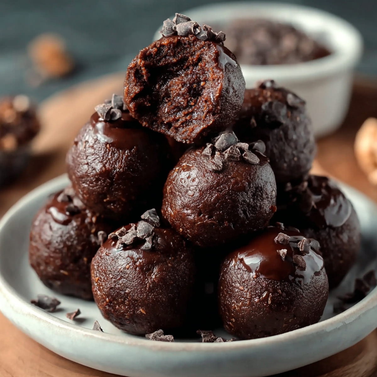 No bake brownie bites stacked on a white plate, topped with mini chocolate chips, with one bite showing the rich, fudgy chocolate center.