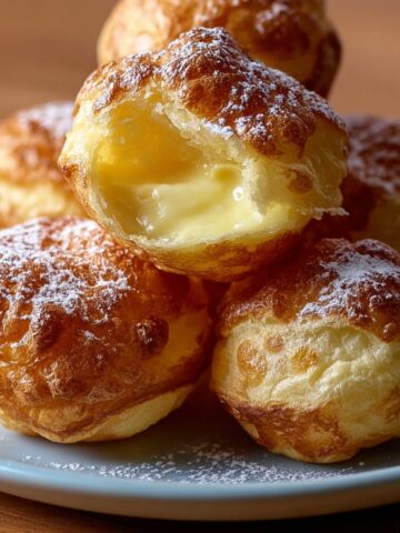 Nun Puffs Recipe on a gray plate, dusted with powdered sugar, one broken open to show the soft, airy center in warm natural light.
