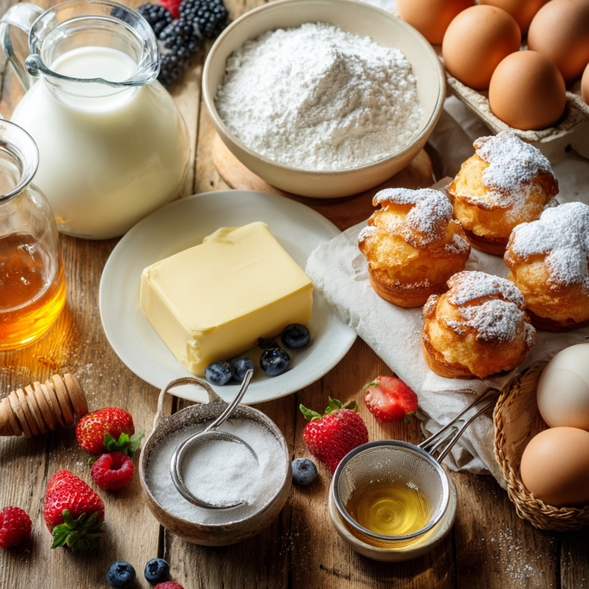 Homemade Nun Puffs ingredients on a rustic wooden table — milk, butter, flour, eggs, honey, powdered sugar, maple syrup, and fresh berries beside golden puffs dusted with sugar.