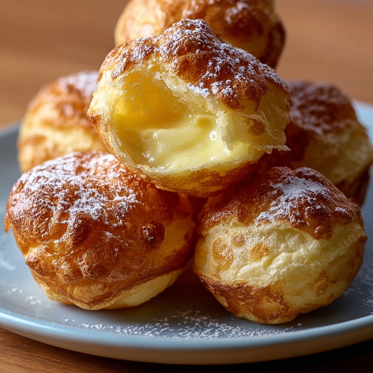 Nun Puffs Recipe on a gray plate, dusted with powdered sugar, one broken open to show the soft, airy center in warm natural light.