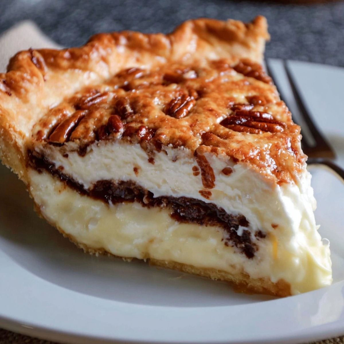 Close-up of a homemade possum pie slice on a white plate, showing creamy vanilla, chocolate, and whipped layers with pecans and a golden flaky crust in soft natural light.