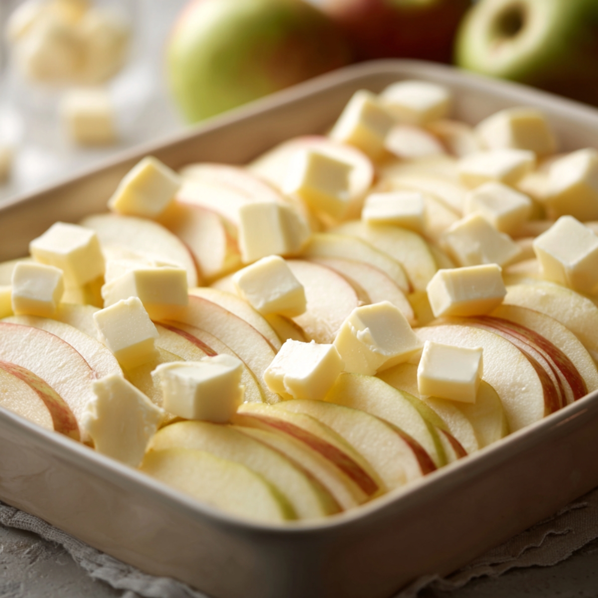 Sliced apples layered in a baking dish with small cubes of butter on top, softly lit in a cozy kitchen setting.