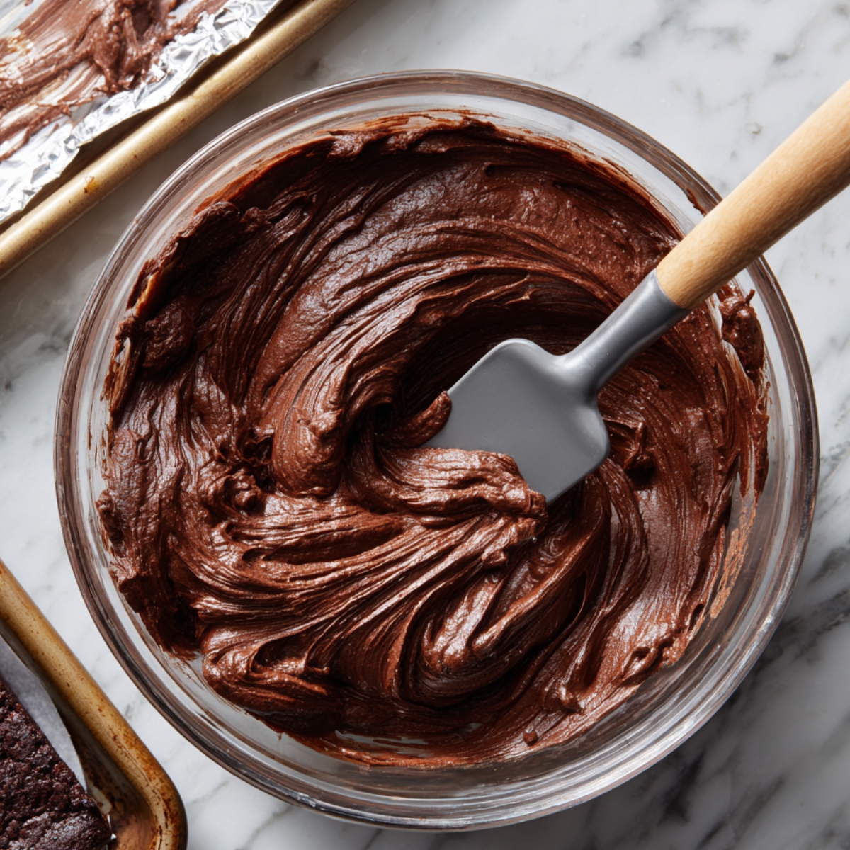 Glass bowl of rich chocolate brownie batter being mixed with a spatula on a marble counter beside a foil-lined pan.