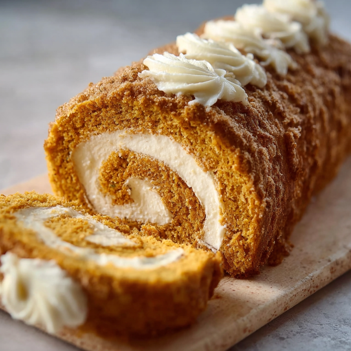 Homemade pumpkin spice roll cake with creamy swirl filling and crumb topping on a wooden board.