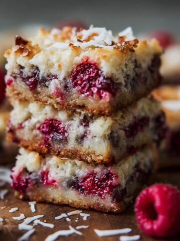 Raspberry Coconut Magic Bars topped with a fresh raspberry and coconut flakes on a light plate, showing its golden crust, raspberry layer, and toasted coconut in warm natural light.
