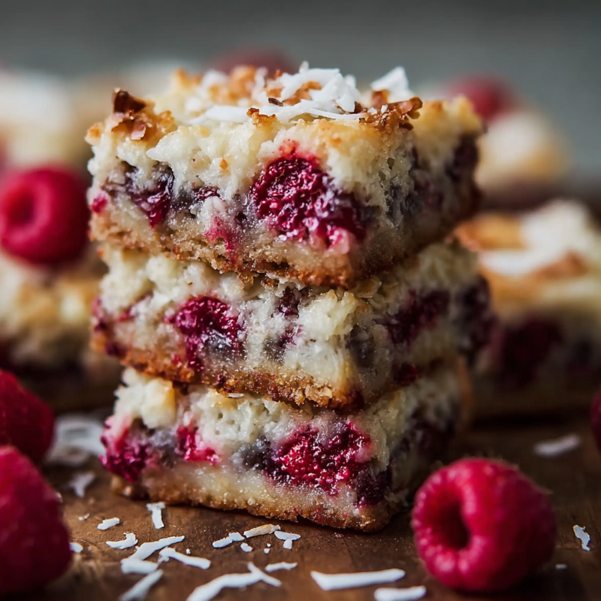 Raspberry Coconut Magic Bars topped with a fresh raspberry and coconut flakes on a light plate, showing its golden crust, raspberry layer, and toasted coconut in warm natural light.