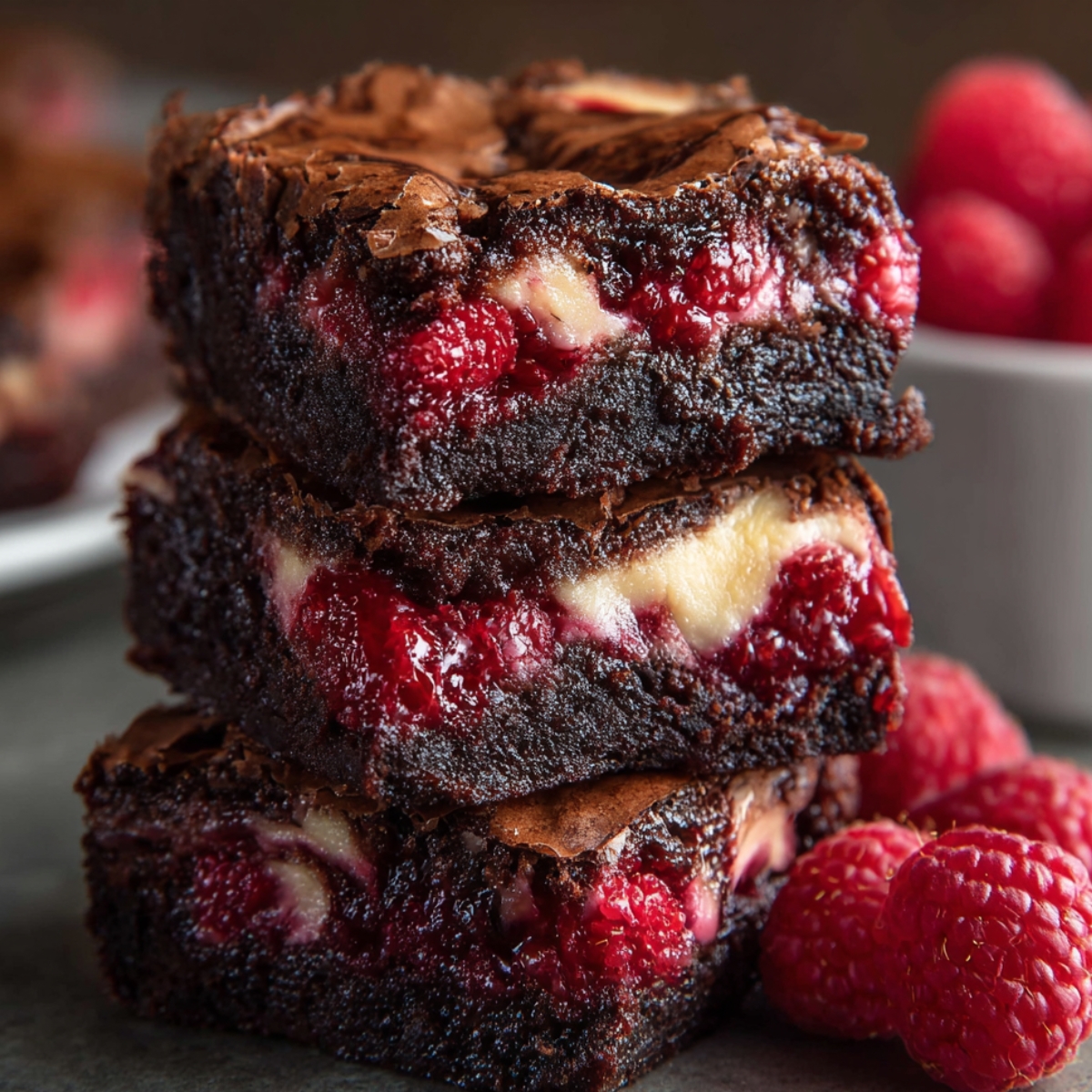 Raspberry Swirl Brownies with a fudgy chocolate texture, bright red raspberries, and creamy swirls, sitting on a gray surface beside fresh raspberries and a blurred bowl in the background.