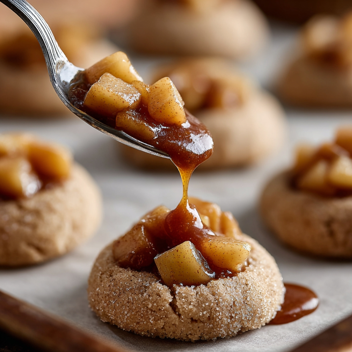 A spoon dropping warm cinnamon apple filling into the center of a sugar-coated cookie dough cup on a baking sheet, with caramel sauce dripping naturally from the spoon.