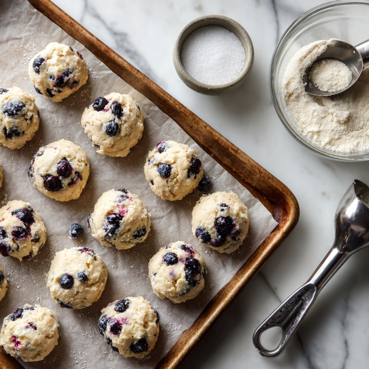 Biscuit dough balls with blueberries on a parchment-lined baking sheet, with a bowl of coarse sugar and a portion scoop nearby.