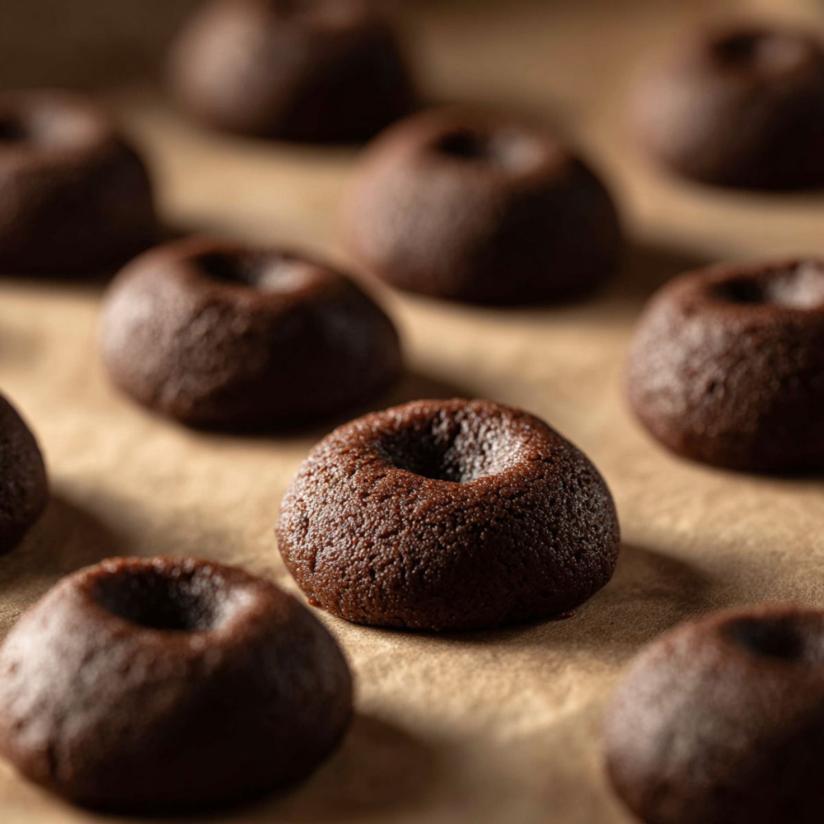 Unbaked chocolate thumbprint cookies on parchment paper, with smooth rounded edges, soft cocoa texture, and thumbprint centers under warm natural light.