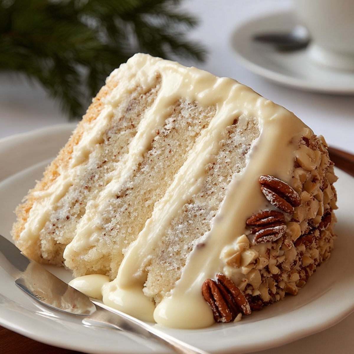 Snowy Bavarian Bliss Cake slice with creamy white frosting, pecans, and nuts on a white plate in warm natural light.