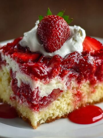 Strawberry earthquake cake slice with whipped cream and a fresh strawberry on top, showing creamy layers, juicy strawberry filling, and golden cake with sauce on a white plate.