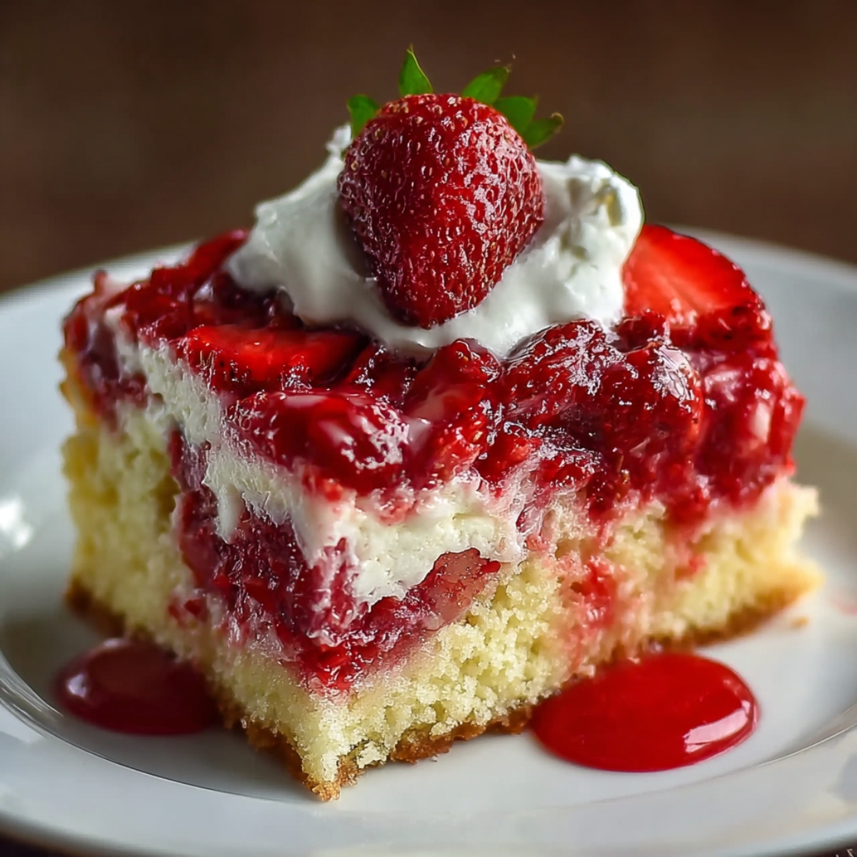 Strawberry earthquake cake slice with whipped cream and a fresh strawberry on top, showing creamy layers, juicy strawberry filling, and golden cake with sauce on a white plate.