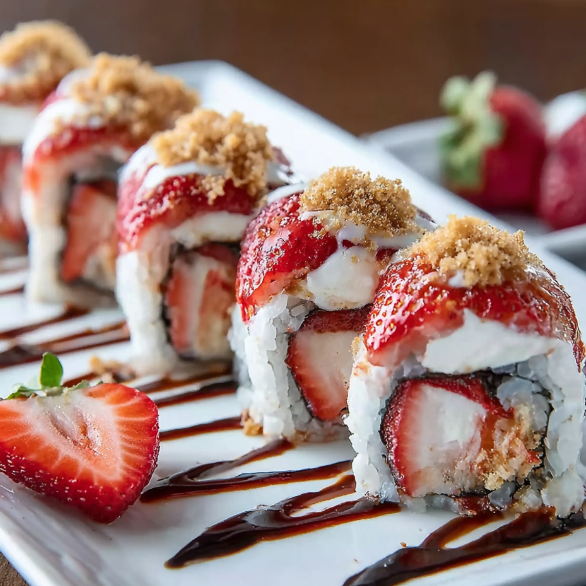 Strawberry Shortcake Sushi Roll filled with cream and strawberries, topped with crumbs and chocolate drizzle on a white plate.
