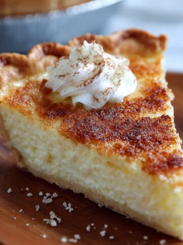 Homemade sugar cream pie slice with golden crust, creamy filling, caramelized top, and whipped cream dusted with cinnamon on a wooden plate.
