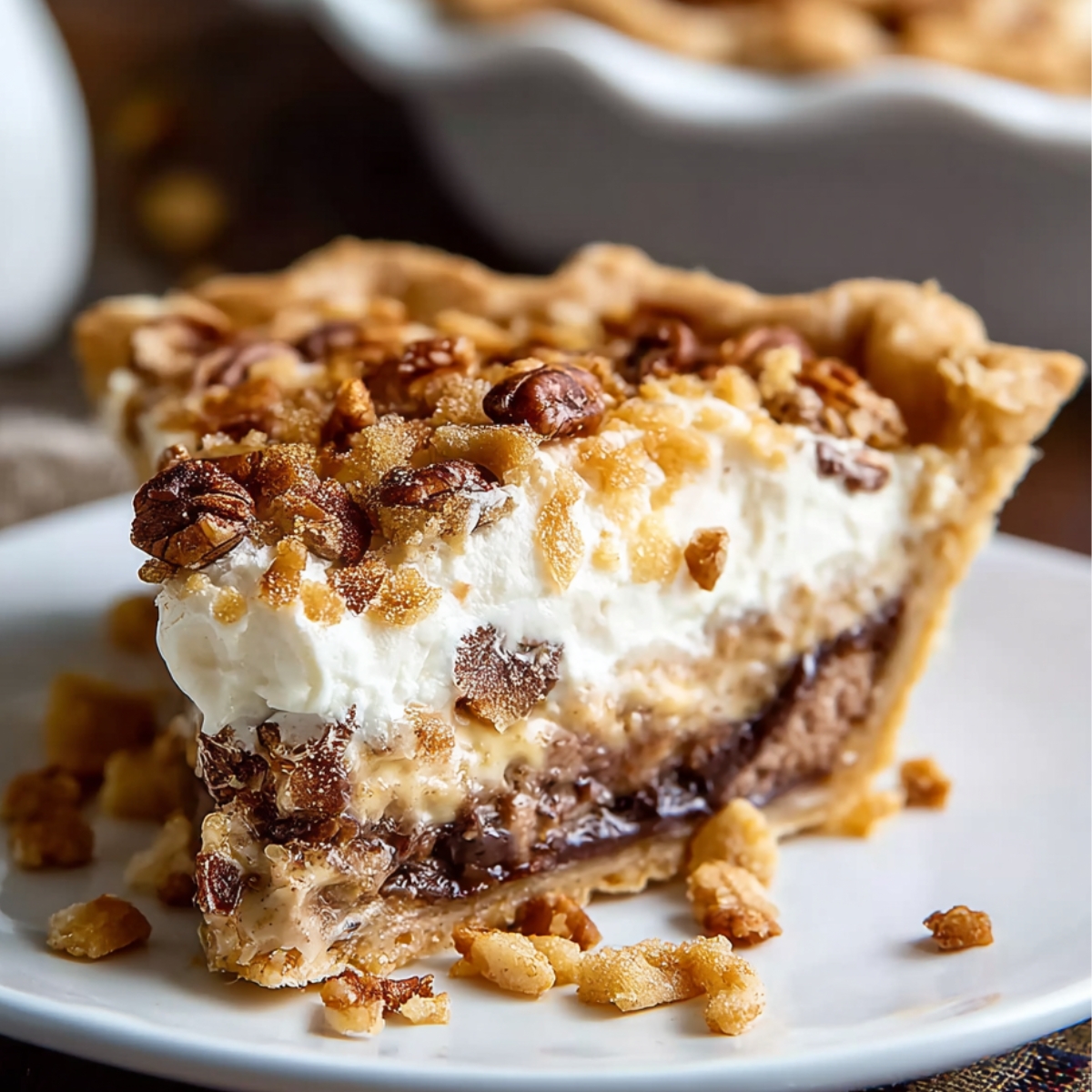 Close-up of a slice of Texas Trash Pie Recipe with creamy filling, chocolate pudding, whipped topping, and chopped pecans on a golden crust.