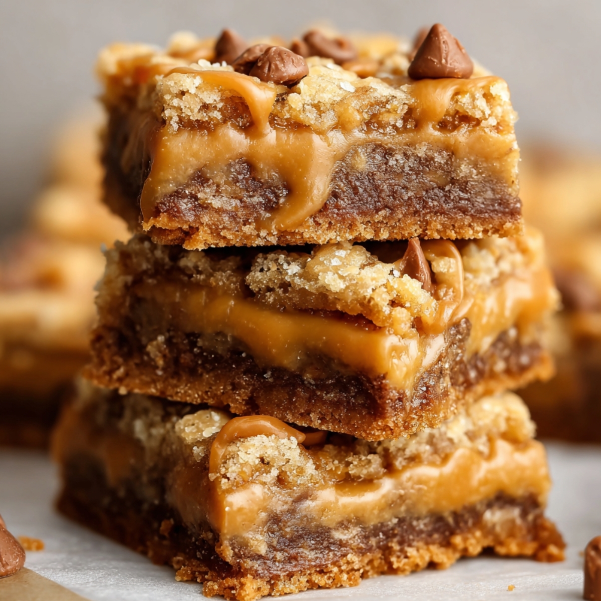 The Best Butterscotch Toffee Cookie Bars with gooey caramel layers, golden brown edges, and melted chocolate chips on top, showing a soft, chewy texture and rich buttery color.