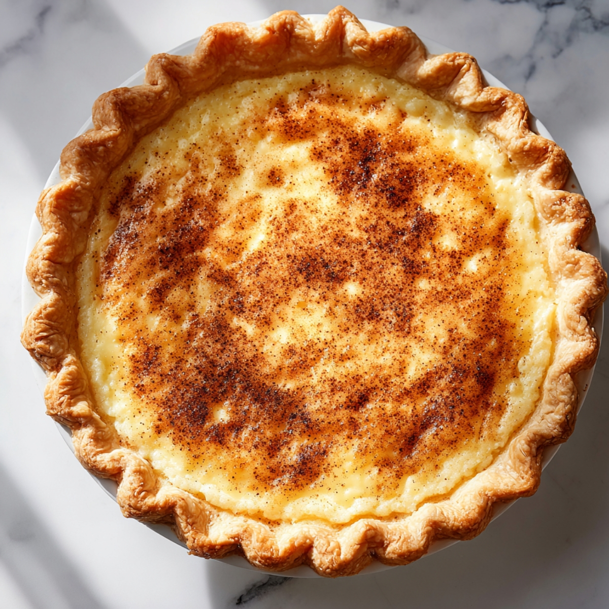 Homemade sugar cream pie with a golden flaky crust and creamy custard filling, topped with caramelized cinnamon sugar on a marble surface in soft natural light.