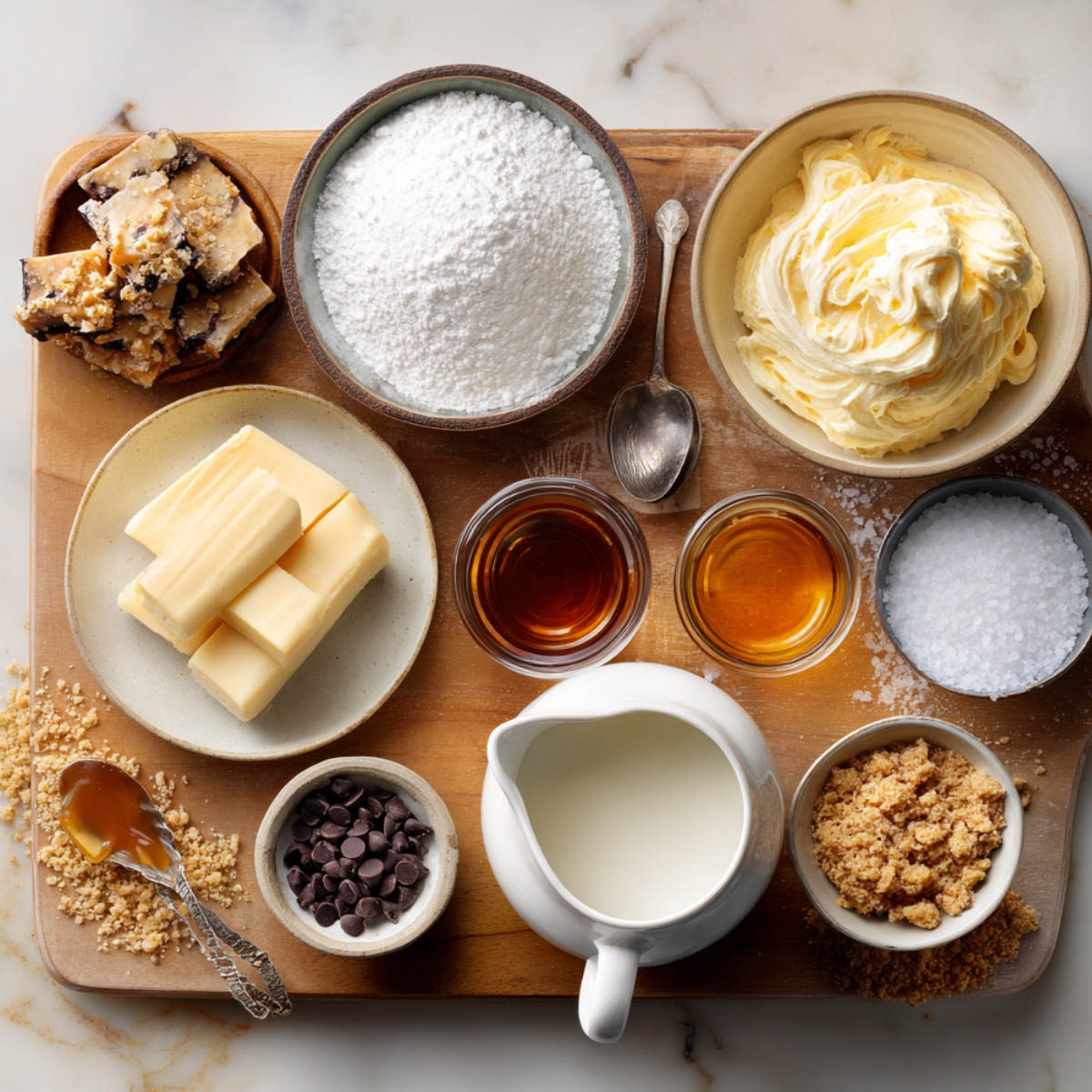 Overhead photo of caramel toffee frosting ingredients on a wooden board—powdered sugar, butter, caramel sauce, vanilla, cream, salt, brown sugar, chocolate chips, and chopped toffee—shot in warm natural light for a homemade, cozy feel.