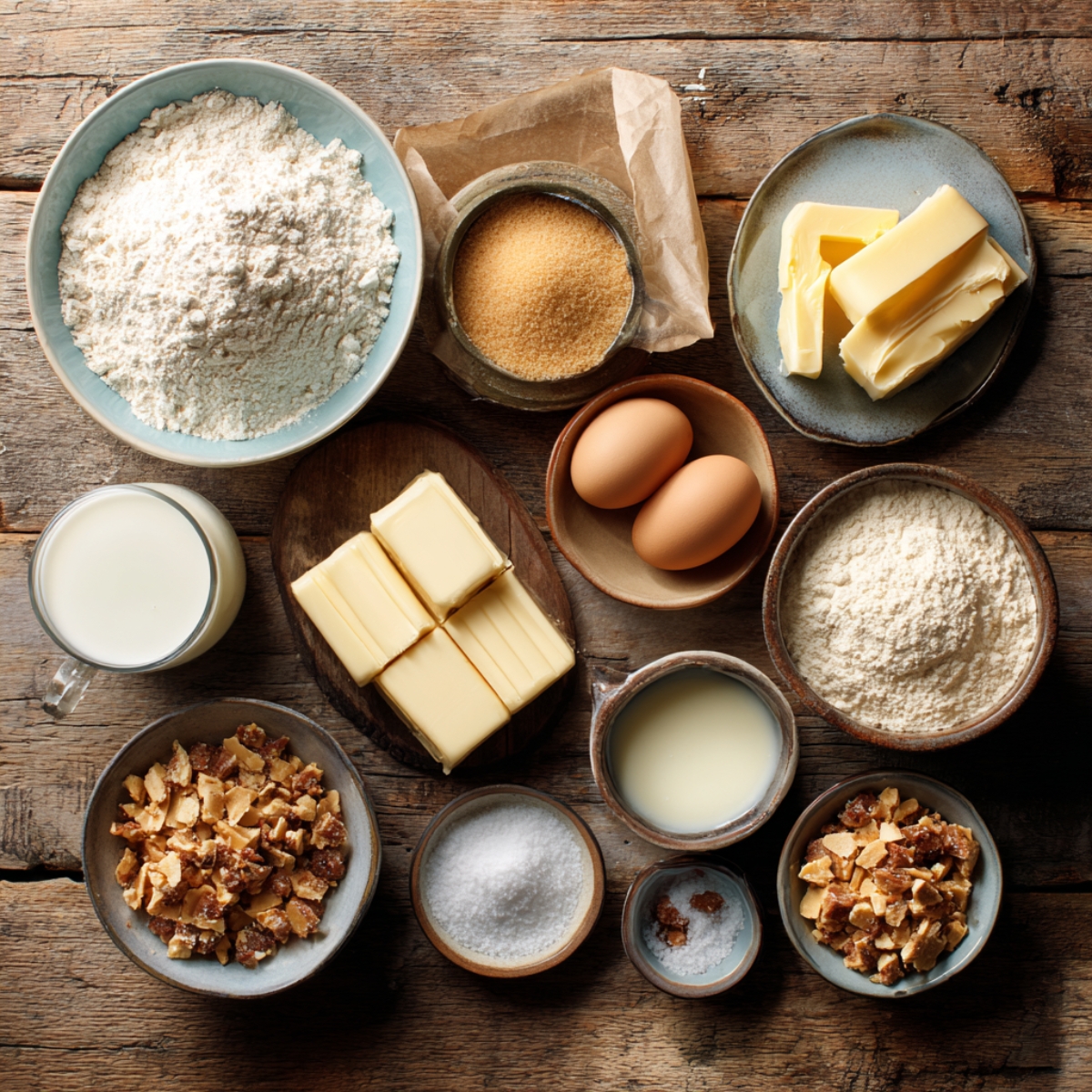 Overhead photo of Toffee Crunch Cupcake base ingredients on a rustic wooden table—flour, brown sugar, butter, eggs, milk, salt, baking powder, and chopped toffee—shot in warm natural light for a cozy homemade feel.