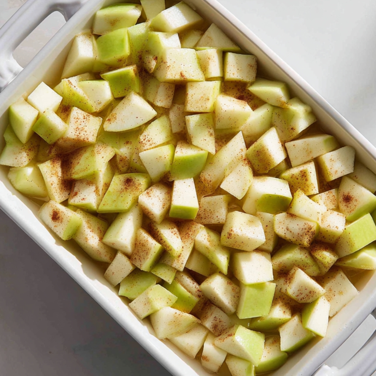 Baking dish filled with diced green apples lightly sprinkled with cinnamon for caramel apple cheesecake bars.
