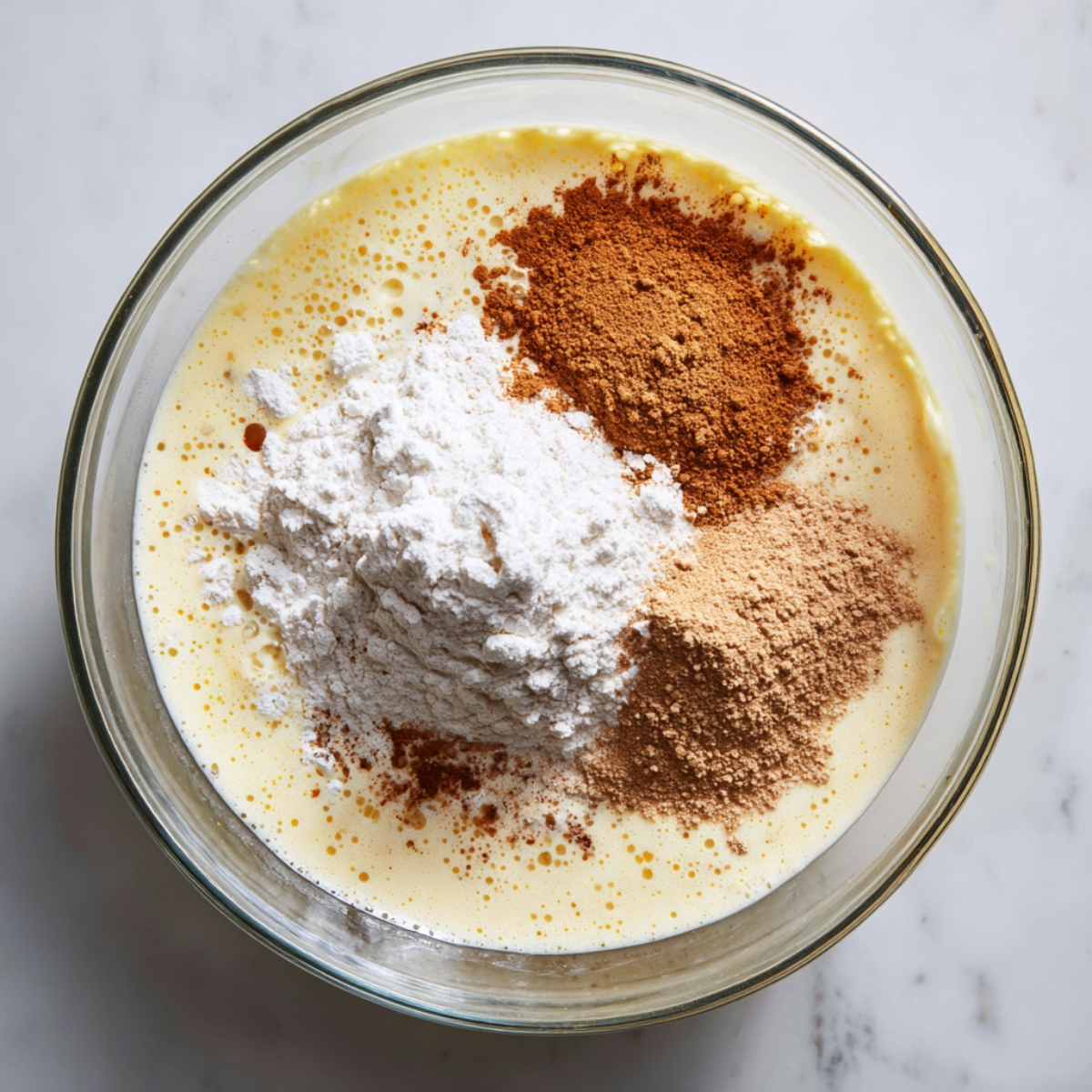 Glass bowl filled with custard mixture topped with piles of flour, cinnamon, nutmeg, and spices, ready to be mixed for a homemade cinnamon vanilla custard pie.