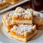 Homemade apricot shortbread bars stacked on a plate, with a crumbly topping and powdered sugar dusted on top.