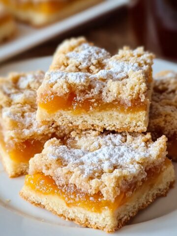 Homemade apricot shortbread bars stacked on a plate, with a crumbly topping and powdered sugar dusted on top.