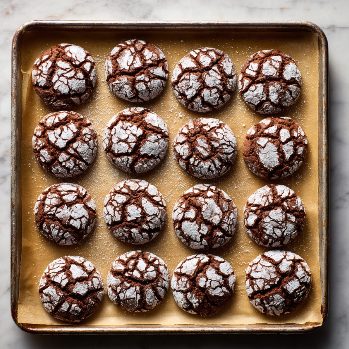 Freshly baked homemade chocolate crinkle cookies on a parchment-lined baking sheet, with cracked powdered sugar tops and a rich, fudgy texture.