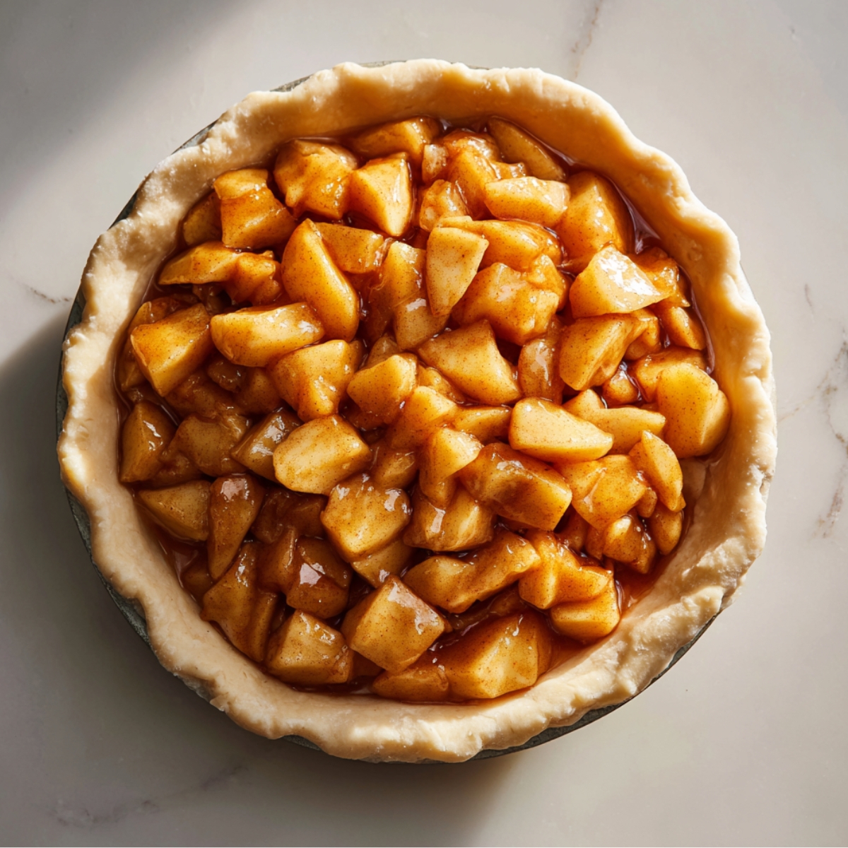 Top-down view of a homemade vegan apple pie filled with chunky cinnamon-coated apples in an unbaked crust.