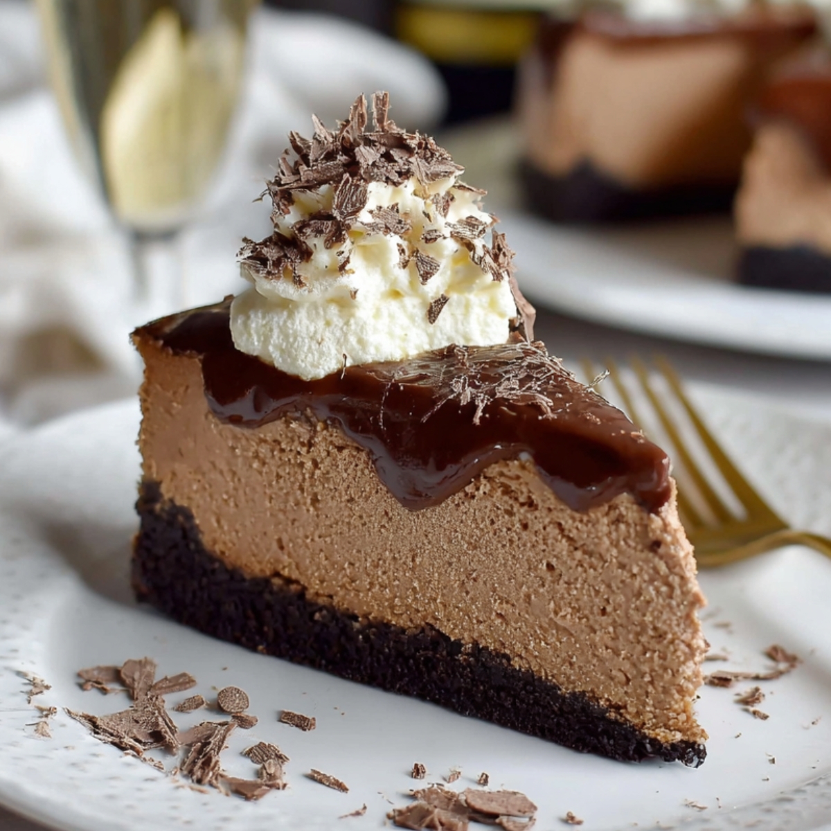 A slice of homemade Baileys cheesecake topped with chocolate ganache, whipped cream, and chocolate shavings, served on a white plate.